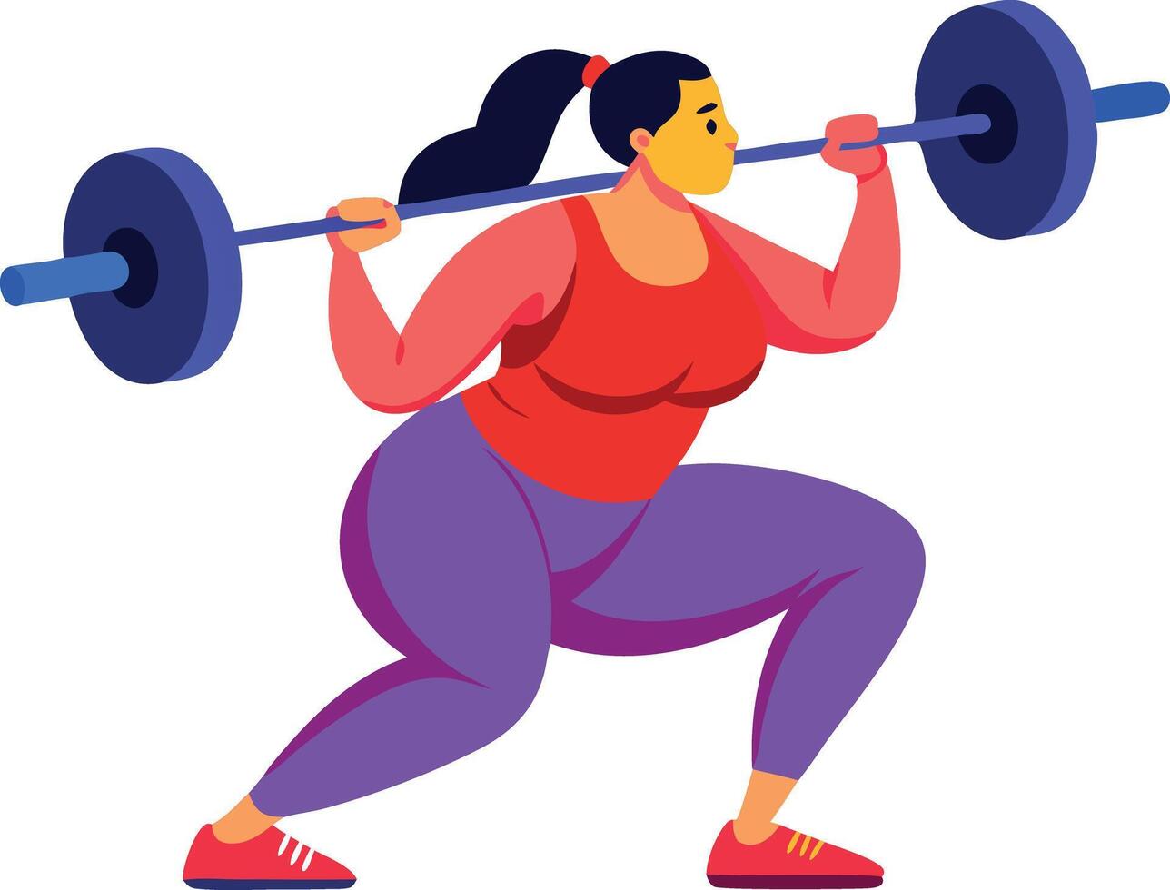 A woman lifting heavy weights in a gym. She is performing a strength training exercise, wearing workout clothes, isolated on white background. vector