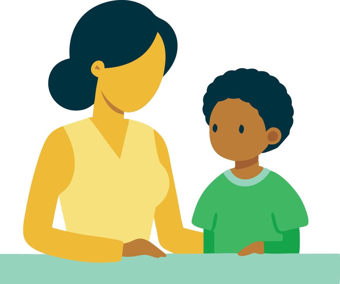 A mother and child at a desk, representing education and learning. The scene illustrates a parent guiding a child through educational activities. vector
