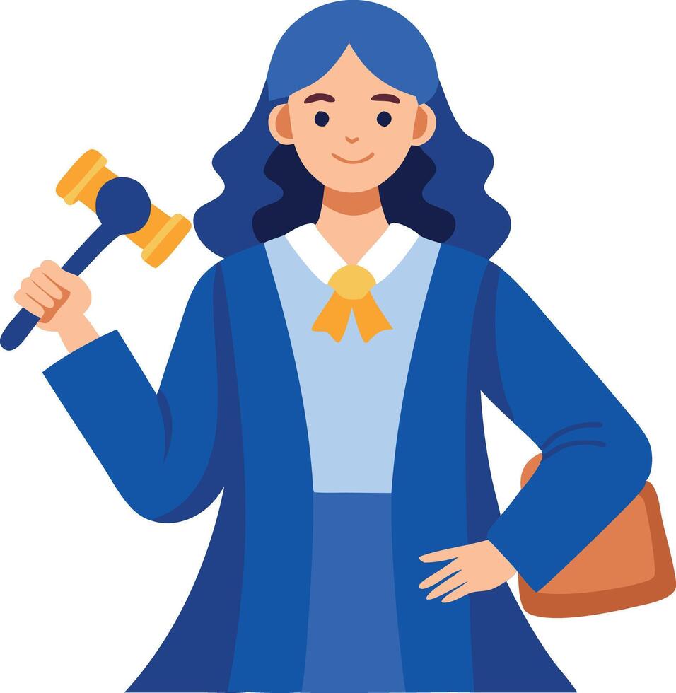 Female judge holding a gavel, standing confidently in a blue judicial robe, representing the justice system and legal authority. vector