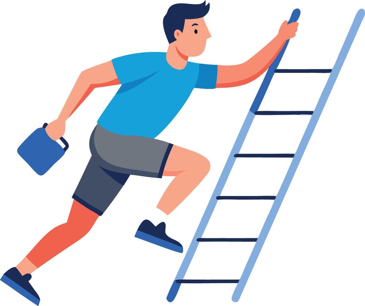 A man climbing a ladder with a paint roller in hand, symbolizing home improvement, renovation, and painting work. vector