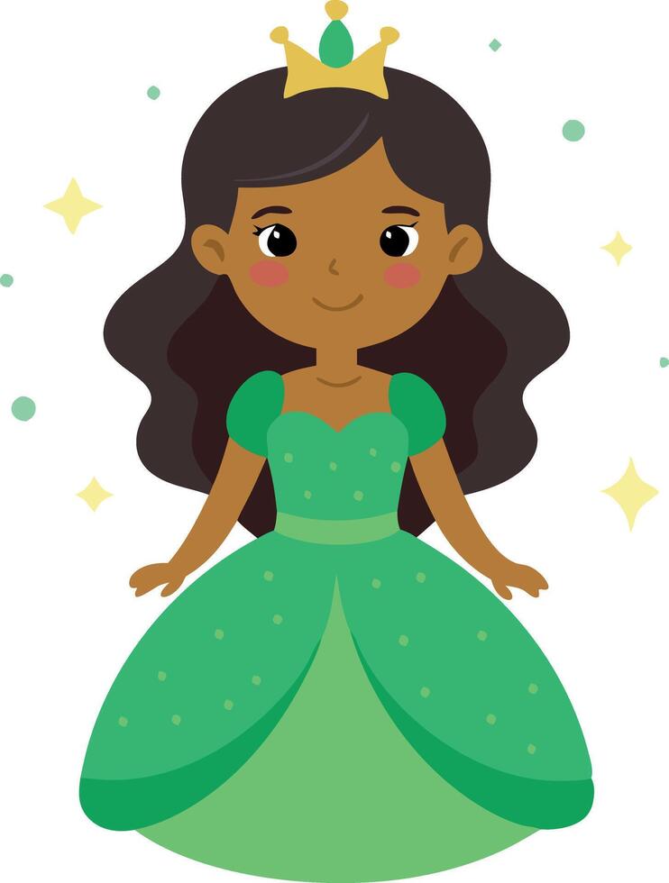 Illustration of a girl in a green princess dress with a crown, smiling and standing happily. This cute character is ideal for fairy tale and princess themes. vector