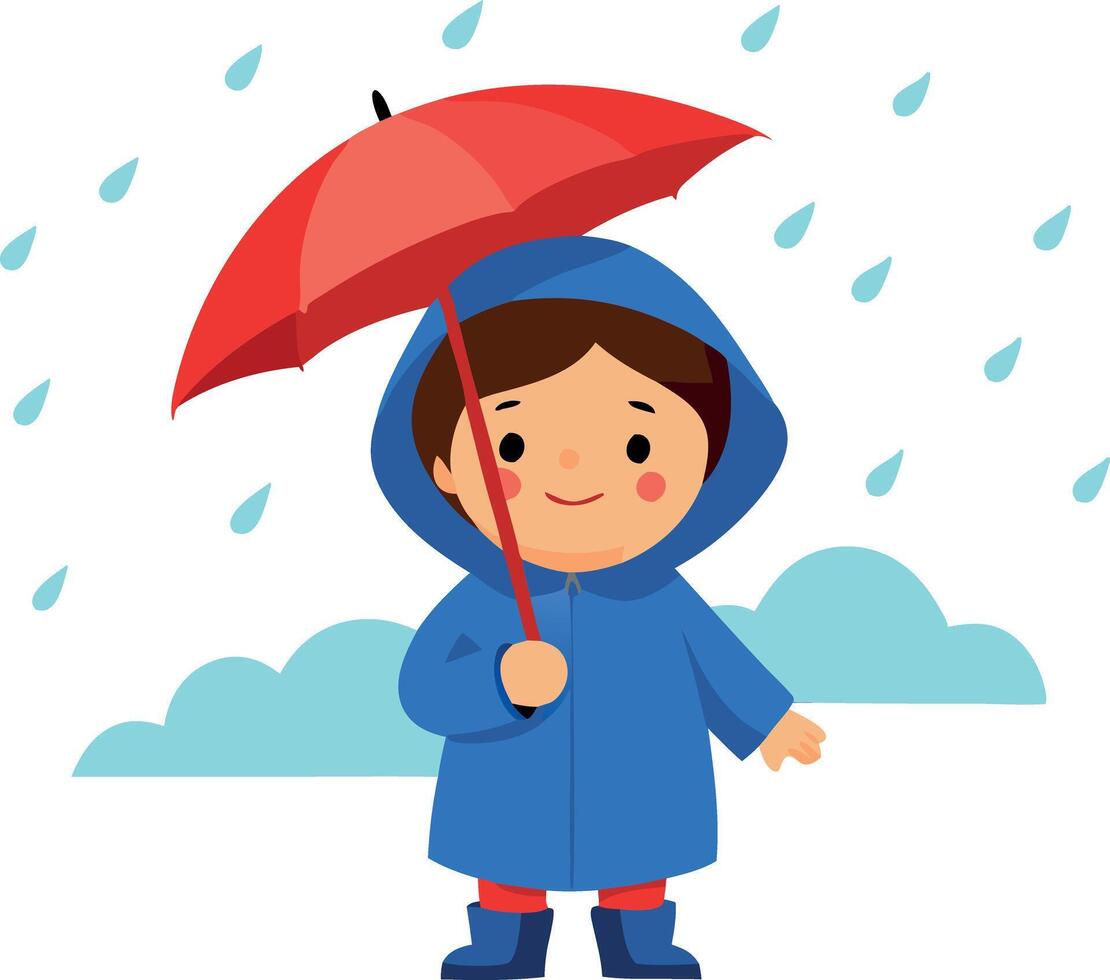 Illustration of a child standing in the rain with an umbrella, depicting childhood fun and rainy day activities. vector