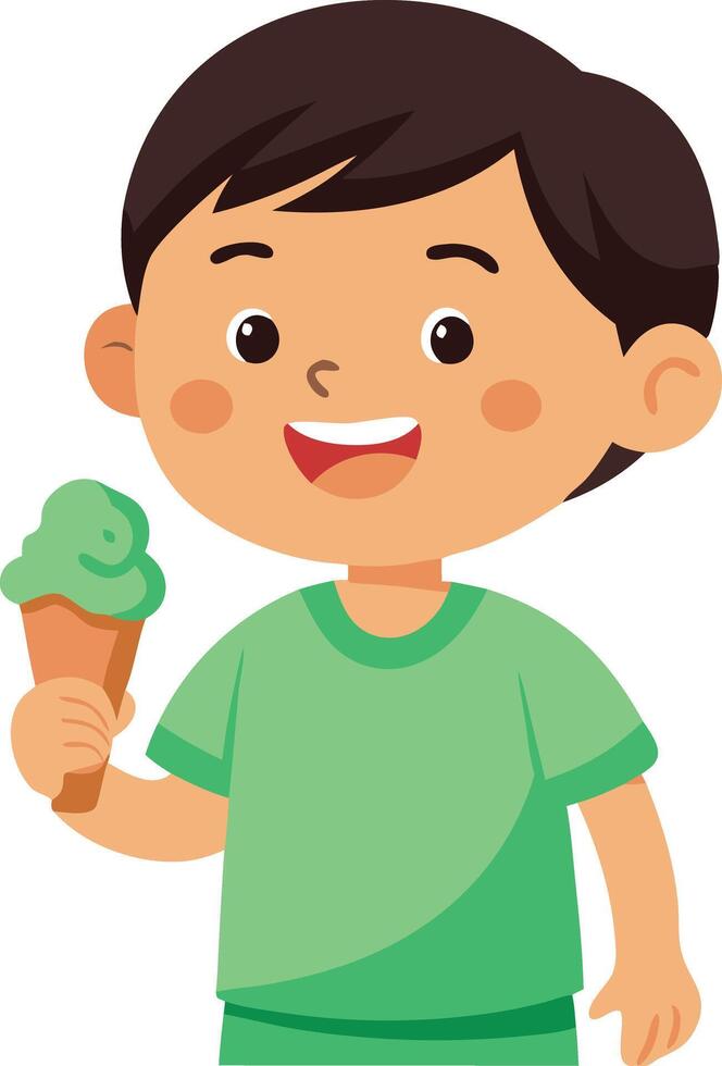 Illustration of a boy eating an ice cream cone. Boy holding an ice cream cone with a content expression. vector