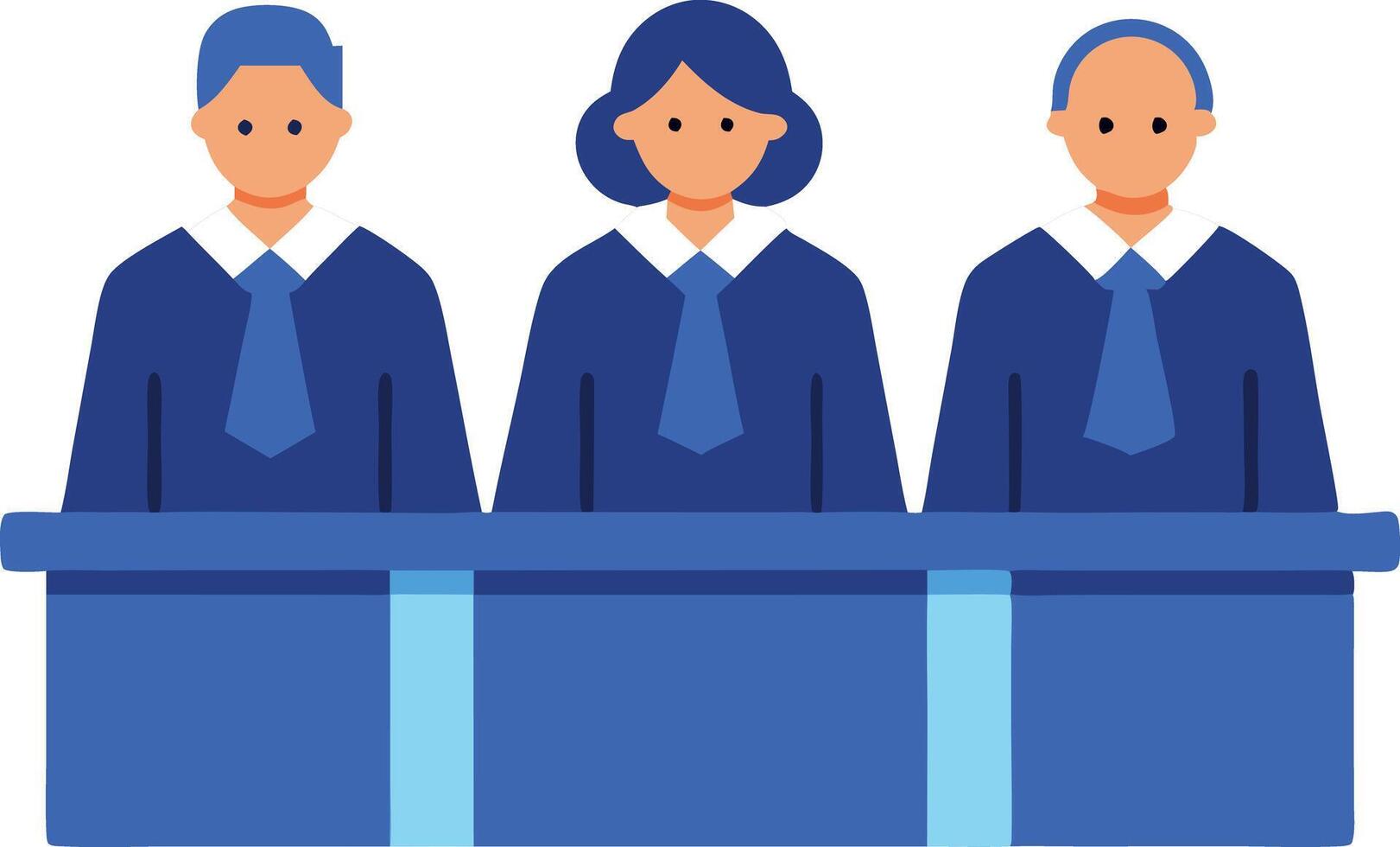 Three judges in blue robes sitting at a bench in a courtroom, illustrating the judicial system and legal proceedings. vector