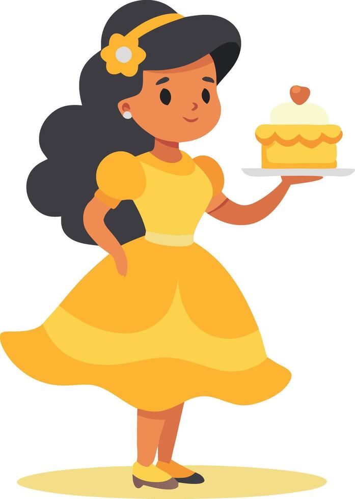 Illustration of a girl in a yellow dress holding a cupcake, smiling and standing happily. This cute character is ideal for birthday and celebration themes. vector