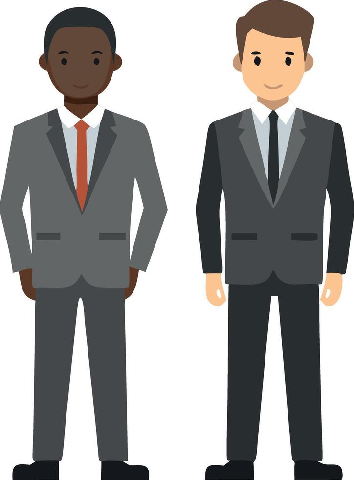 Two businessmen standing confidently, wearing suits and ties, representing corporate success and professionalism. The image highlights business attire and workplace confidence. vector
