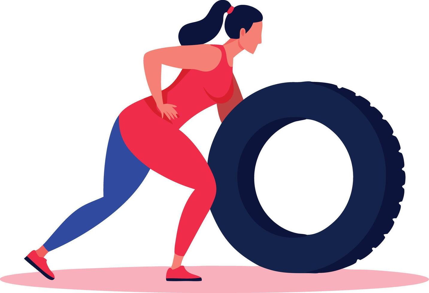 Illustration of a woman pushing a large tire as part of her exercise routine. vector
