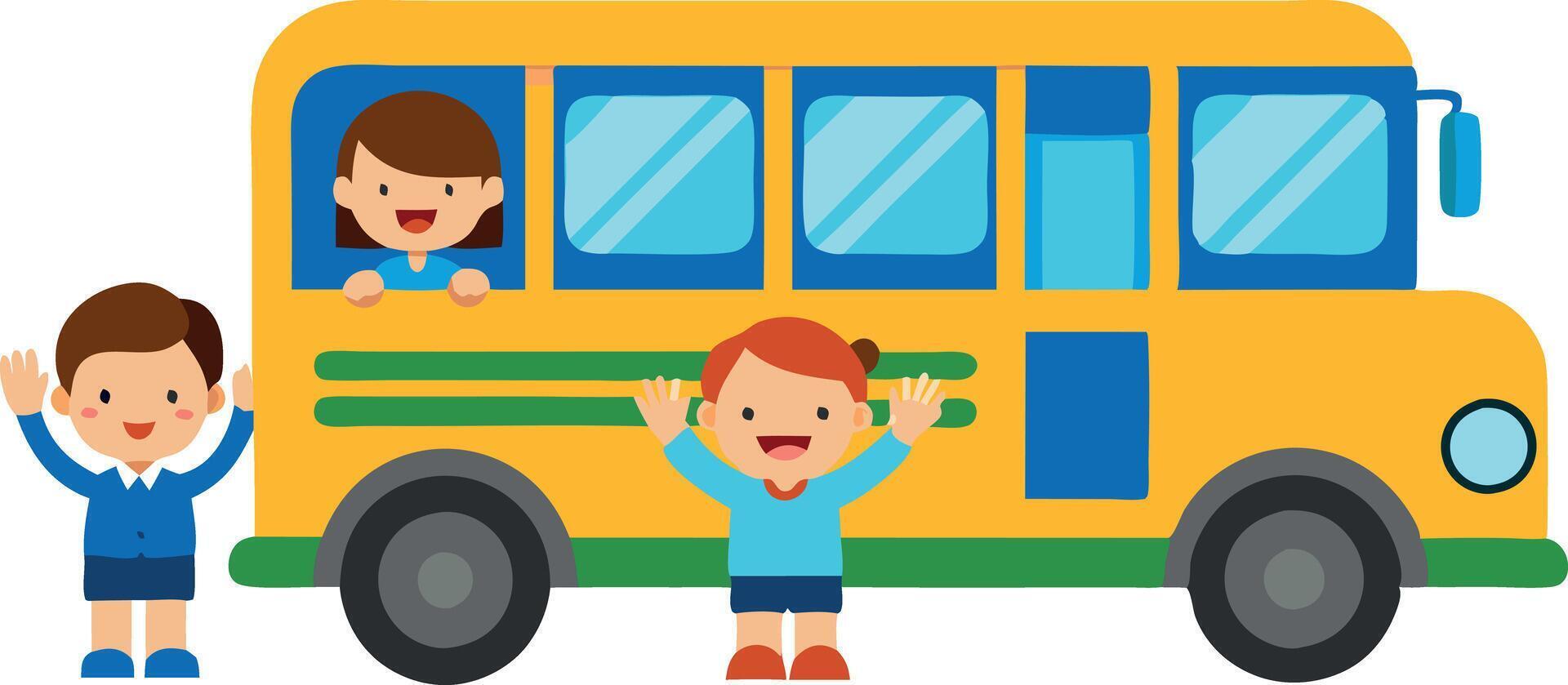 A yellow school bus with three children on the front vector