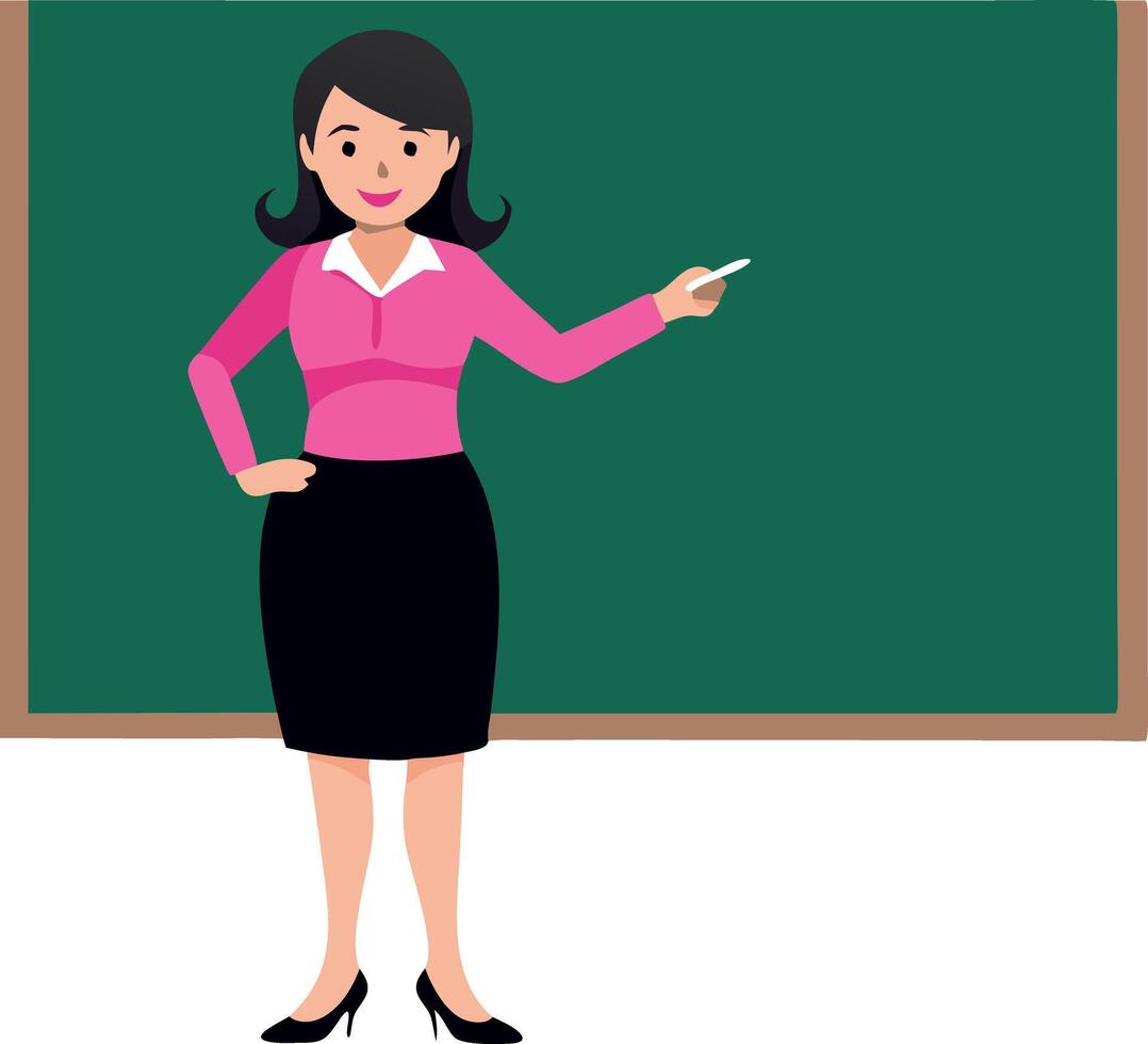 A woman in a pink shirt stands in front of a green chalkboard vector