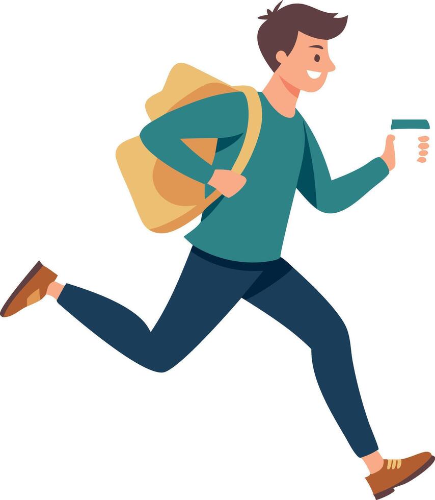 A man is running with a backpack and a cup in his hand vector