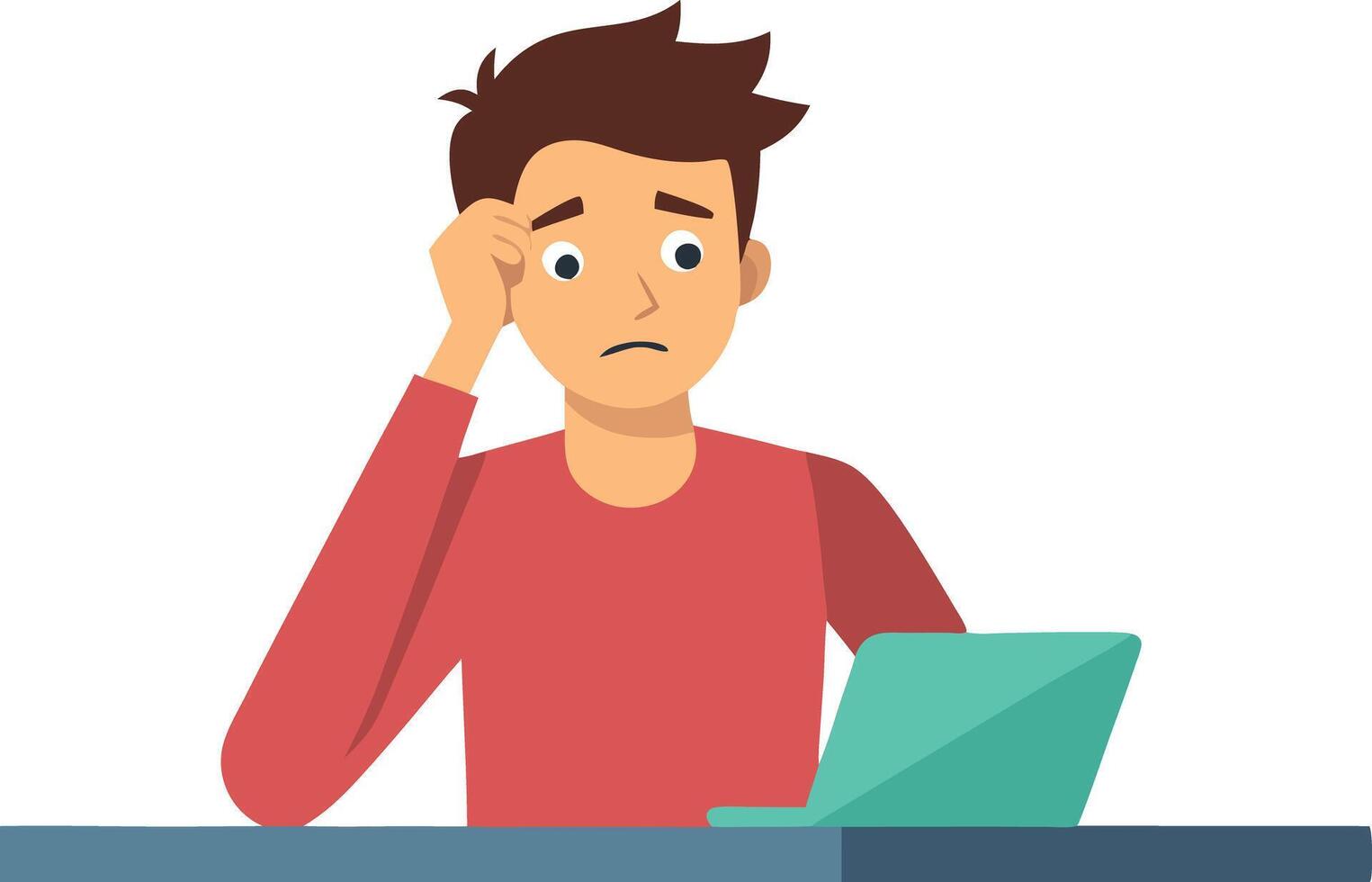 A young man is sitting at a table with a laptop in front of him vector