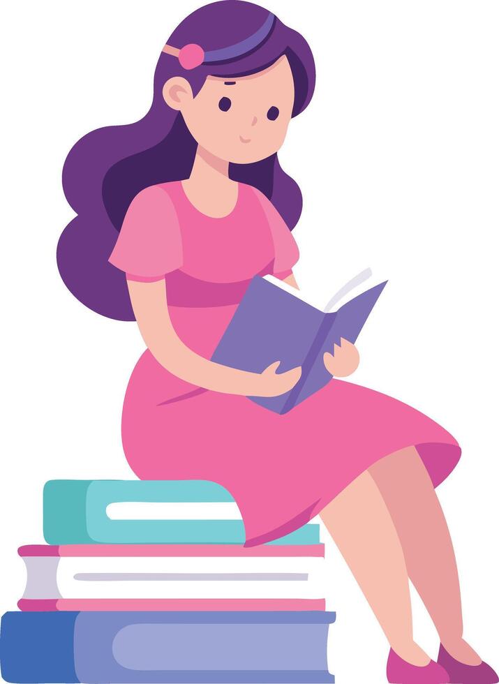 A girl is sitting on a stack of books and reading vector