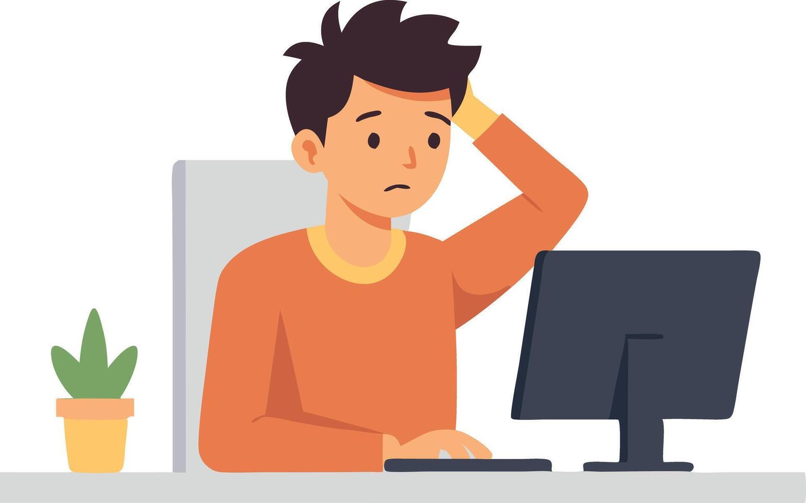 A man is sitting at a desk with a computer monitor in front of him vector