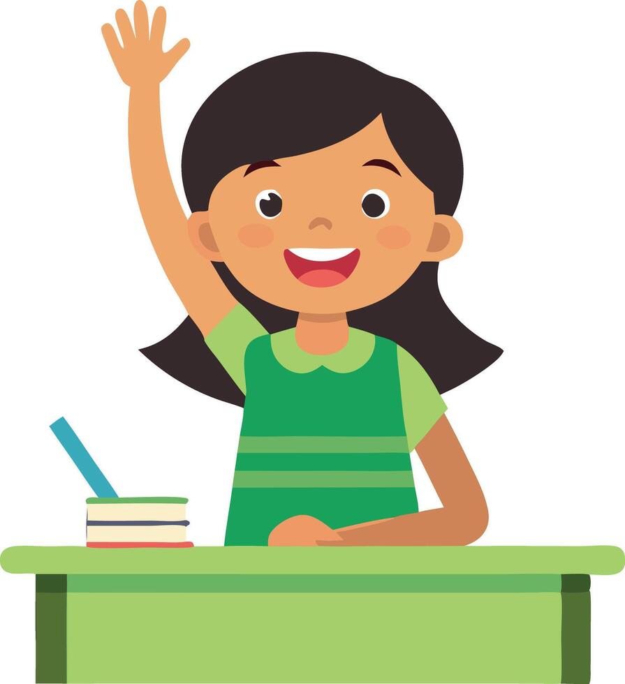A girl is sitting at a desk with a book in front of her vector