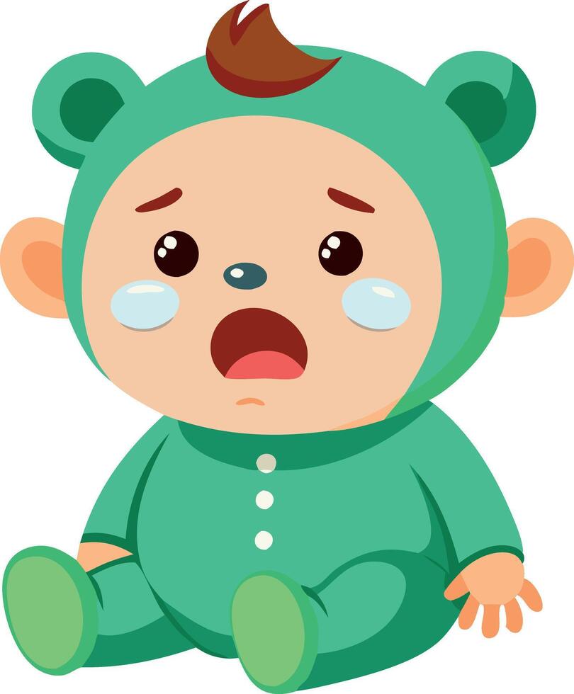Illustration of a baby in a green onesie crying. Baby expressing sadness while sitting on the floor. vector