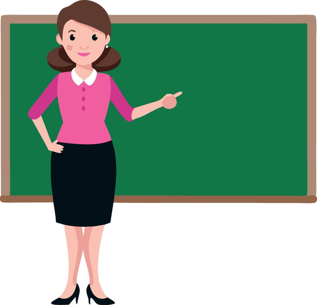 A woman in a pink shirt stands in front of a green chalkboard pointing to a spot vector