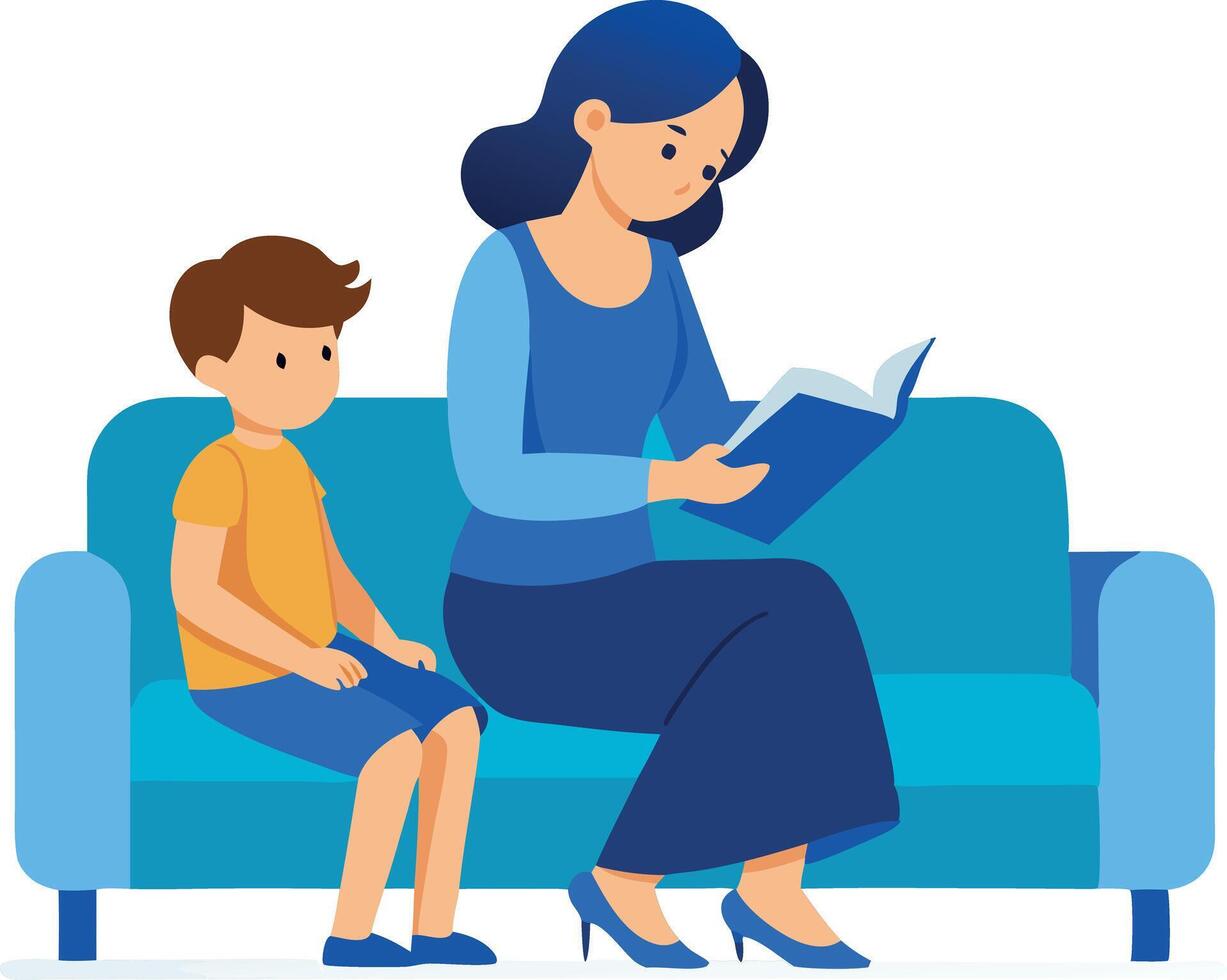 A woman and a child are sitting on a couch vector