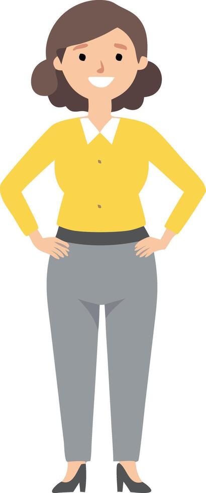 A woman in a yellow shirt and gray pants is smiling vector