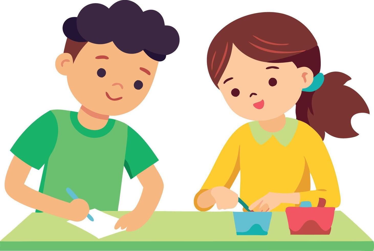 A boy and girl are sitting at a table, writing vector