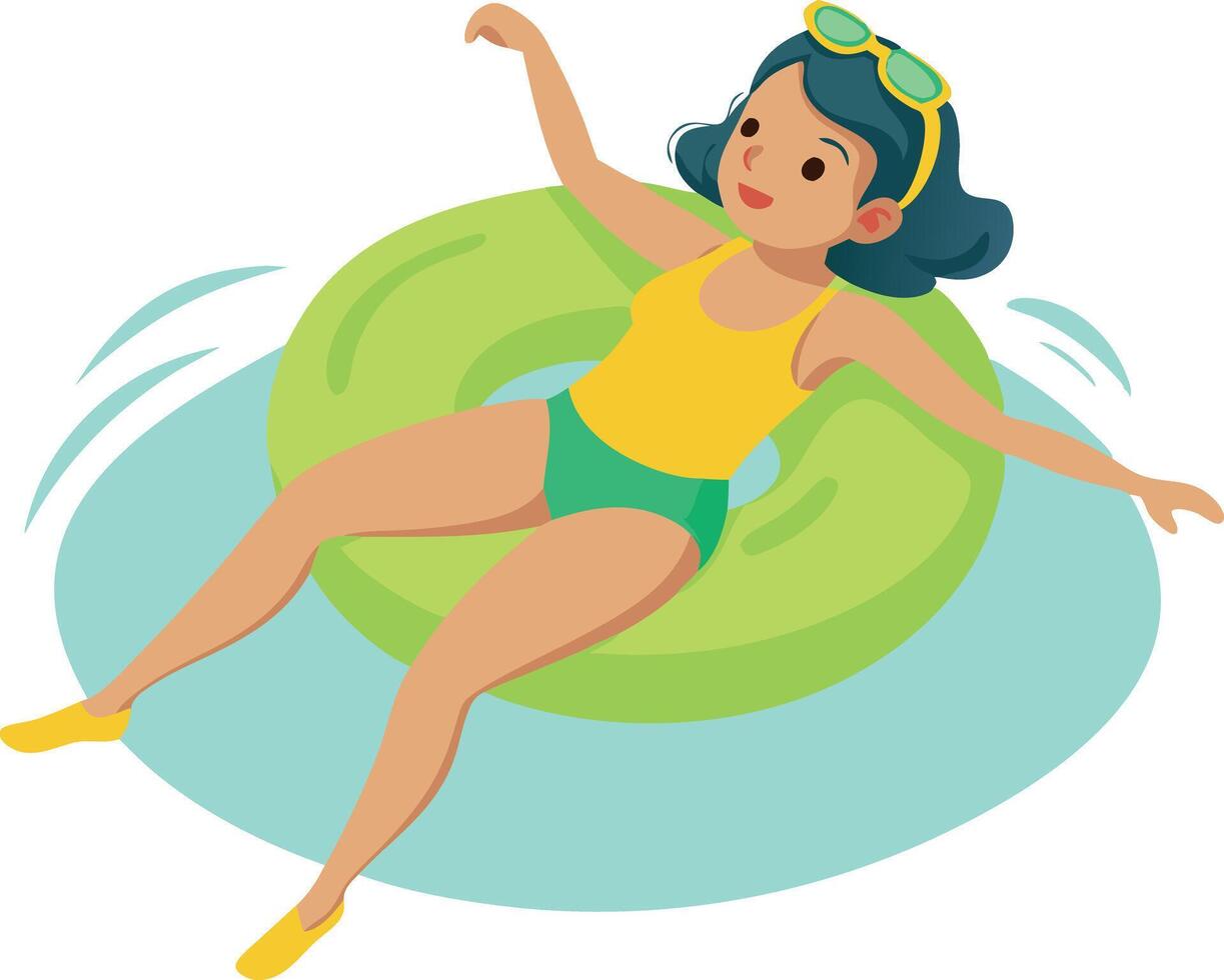 A woman is floating on a green inflatable ring in the water vector