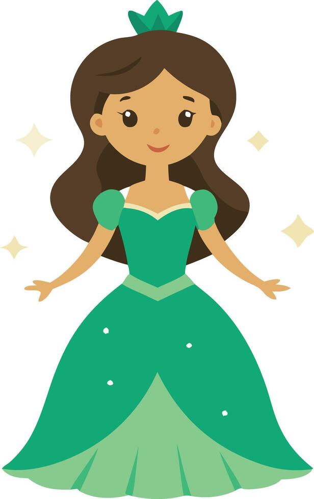 Illustration of a girl in a green princess dress with a crown, smiling and standing happily. This cute character is ideal for fairy tale and princess themes. vector