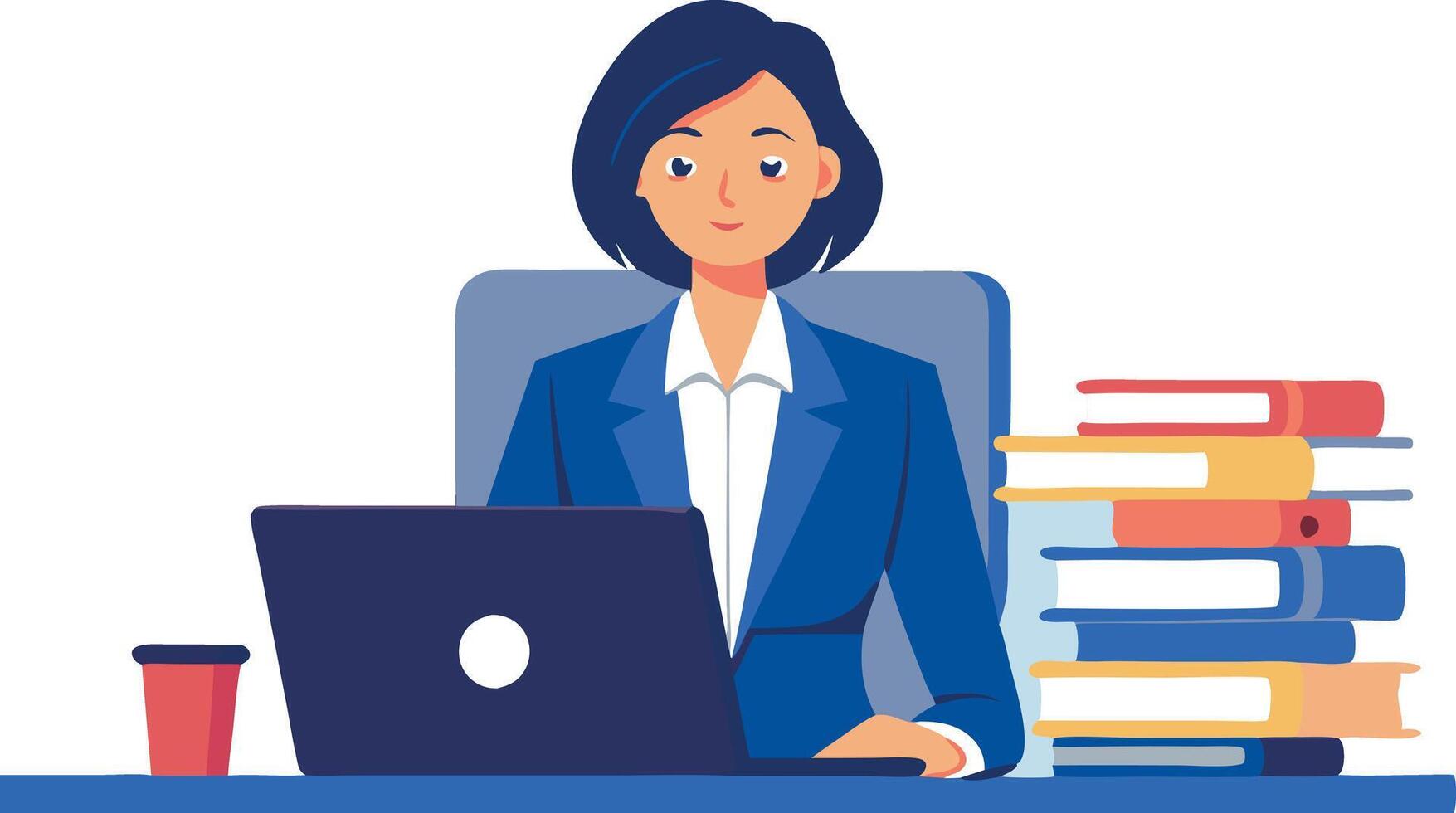 A woman is sitting at a desk with a laptop and a stack of books vector