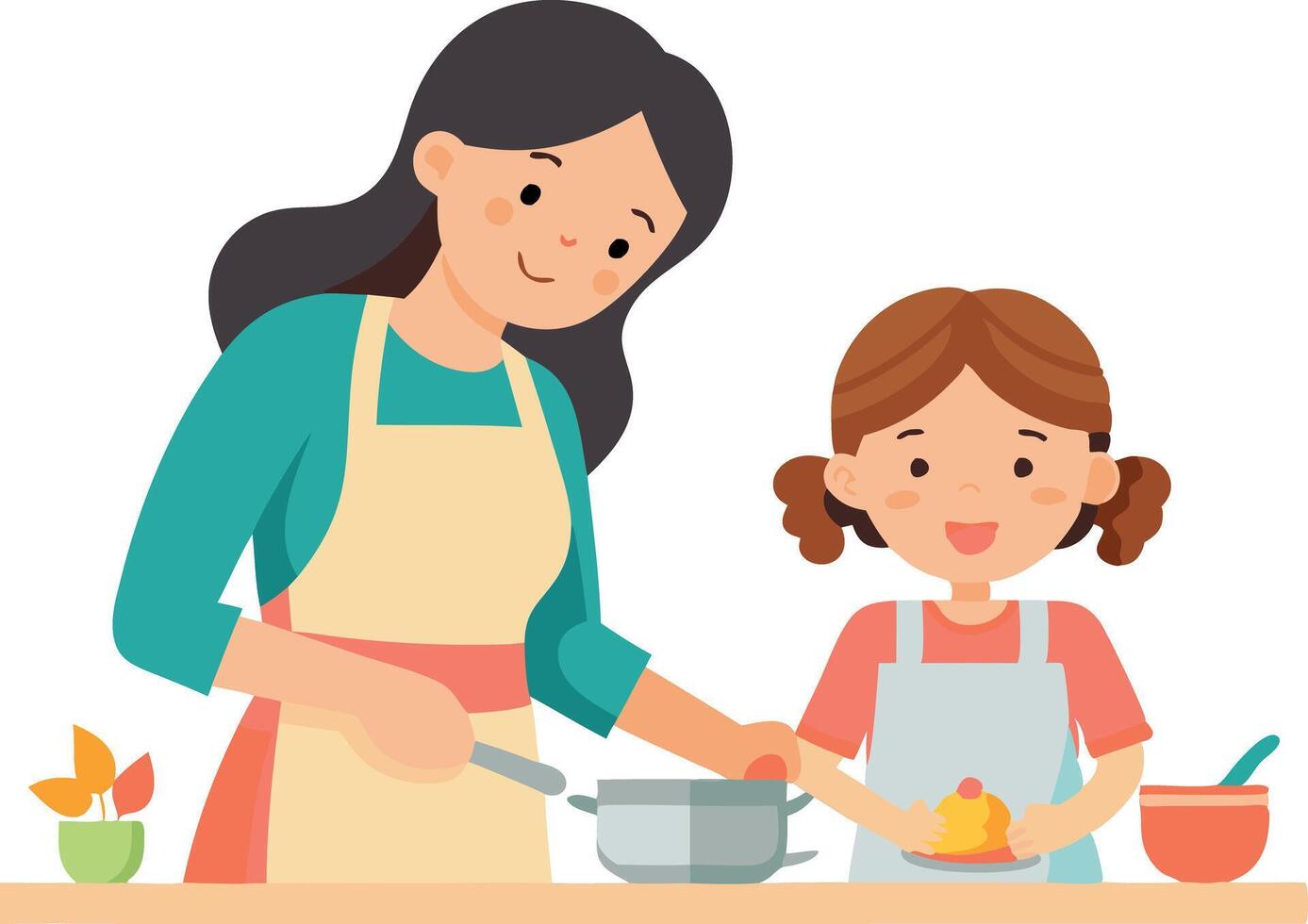 A woman is cooking with a child vector