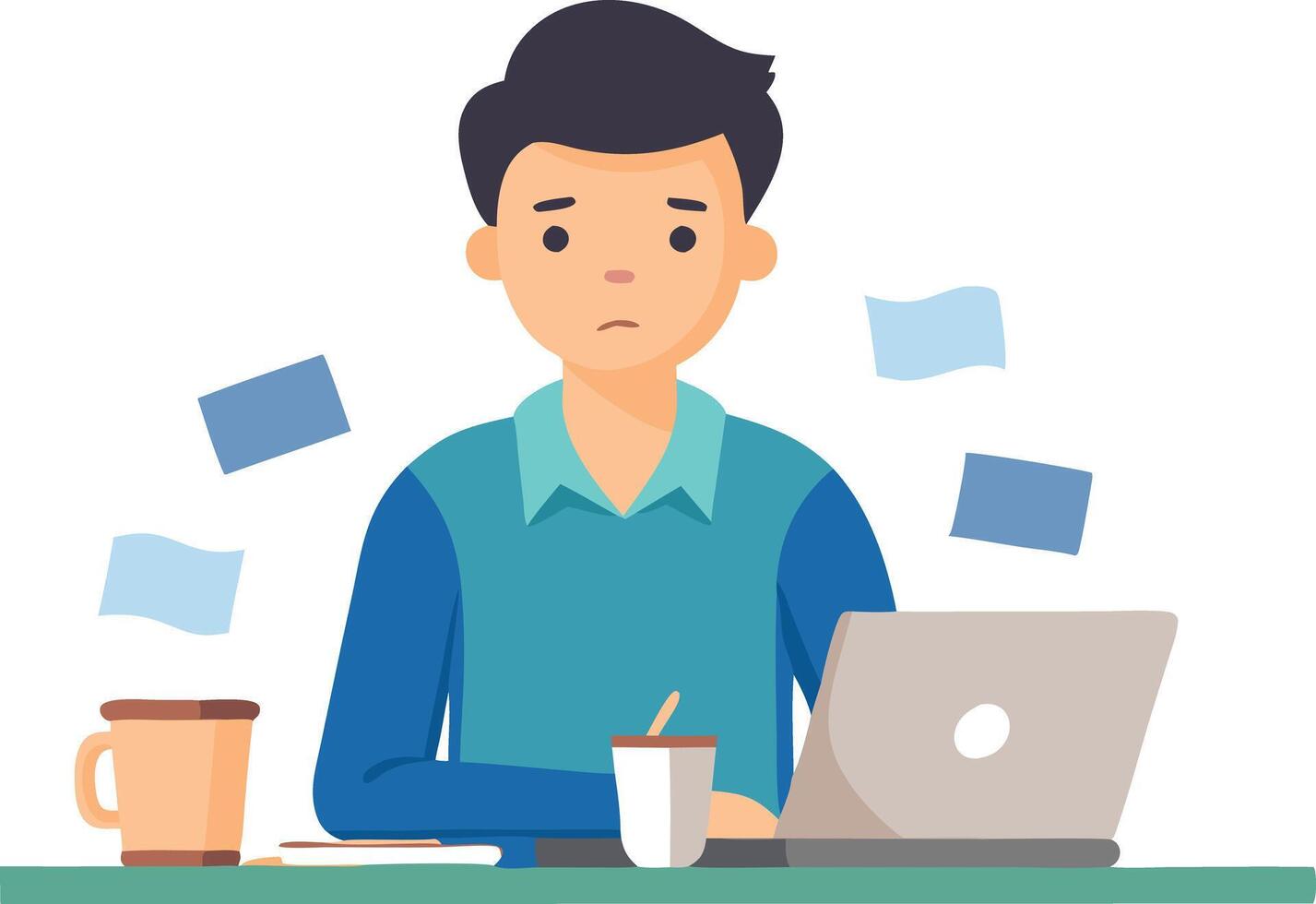 A man is sitting at a desk with a laptop and a cup of coffee vector