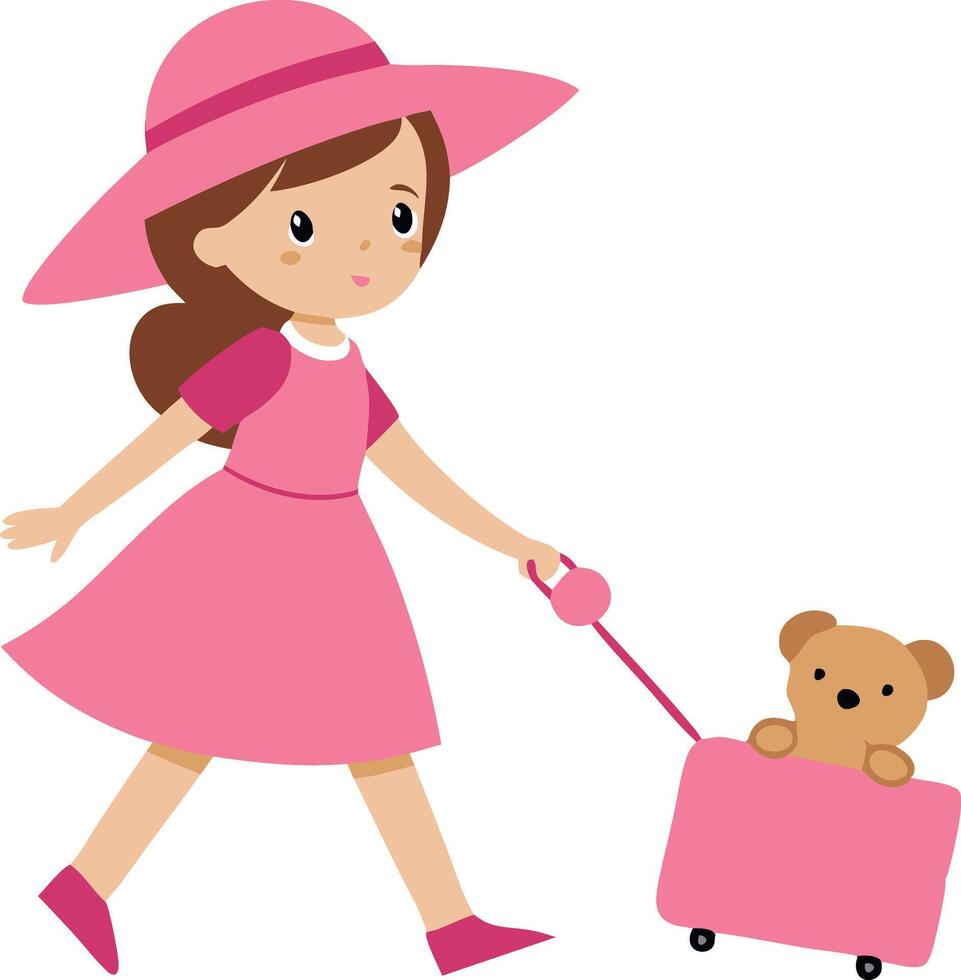 A girl is walking with a pink suitcase and a teddy bear vector