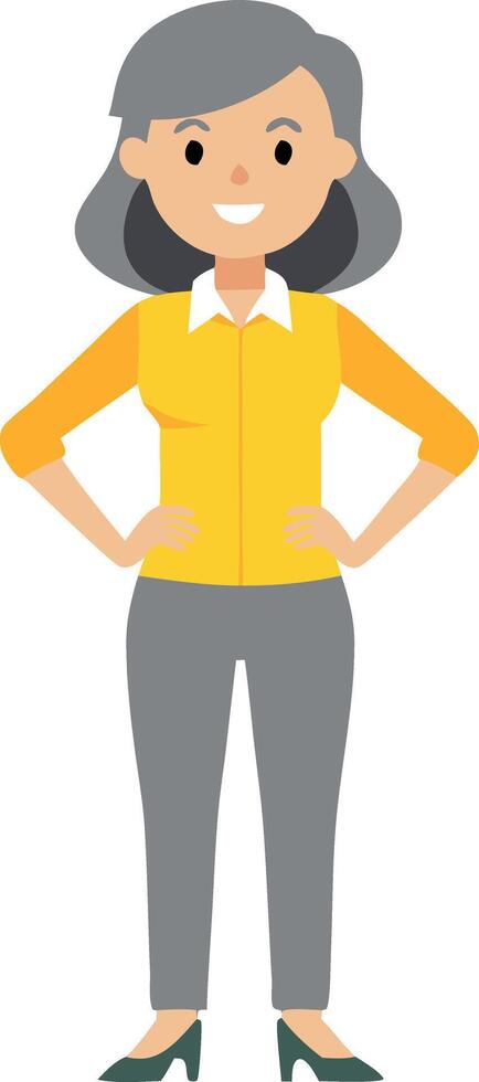 A woman in a yellow shirt and gray pants is smiling vector