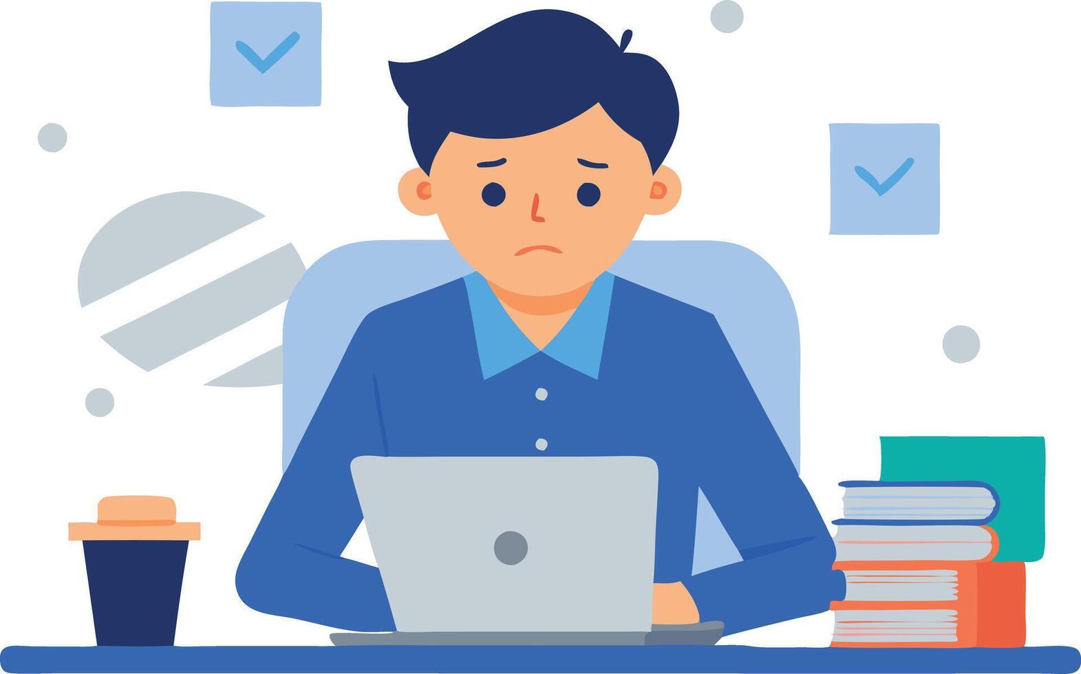 A man is sitting at a desk with a laptop and a cup of coffee vector