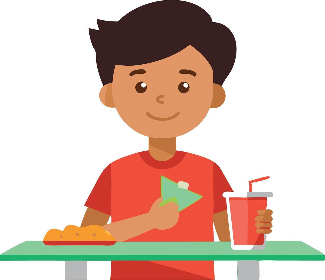 A boy is sitting at a table with a drink and a snack vector