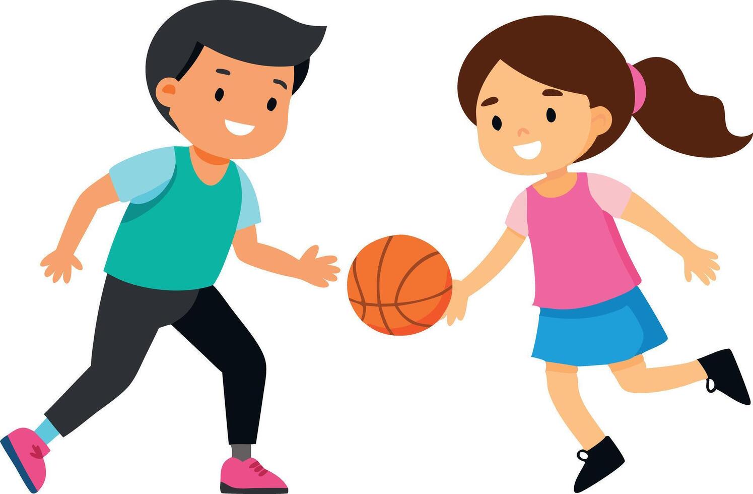 Two children playing basketball, enjoying a fun and active game outdoors. vector