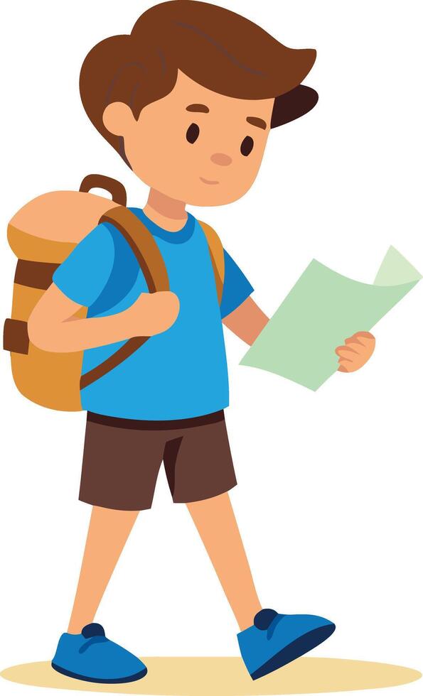 A boy is walking with a backpack and reading a map vector
