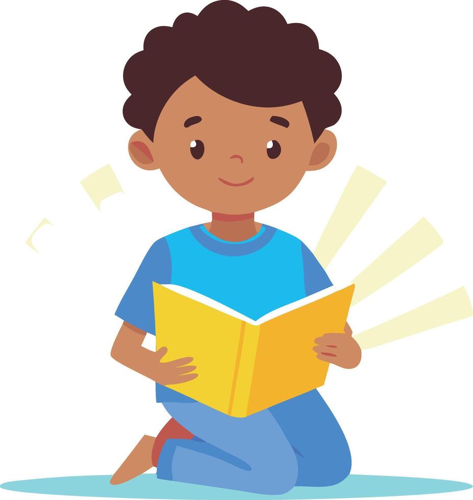 A young boy is sitting on the floor reading a book vector