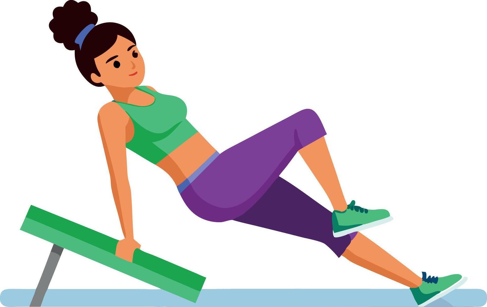 A woman performing a tricep dip exercise on a bench. She is wearing workout clothes and is focused on her fitness routine, isolated on white background. vector