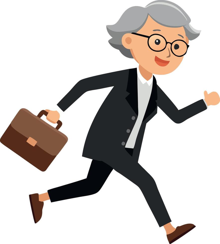 An elderly woman in a suit and glasses is running with a briefcase vector