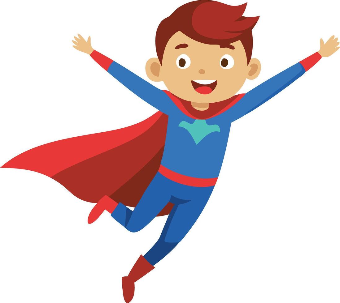 A boy in a blue superhero costume is jumping in the air vector