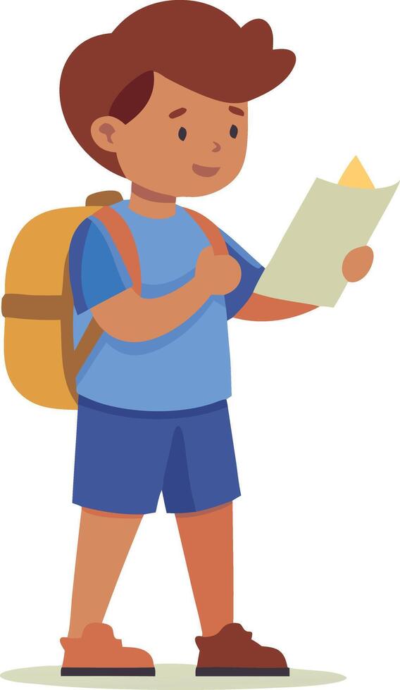 A boy is reading a book while wearing a backpack vector