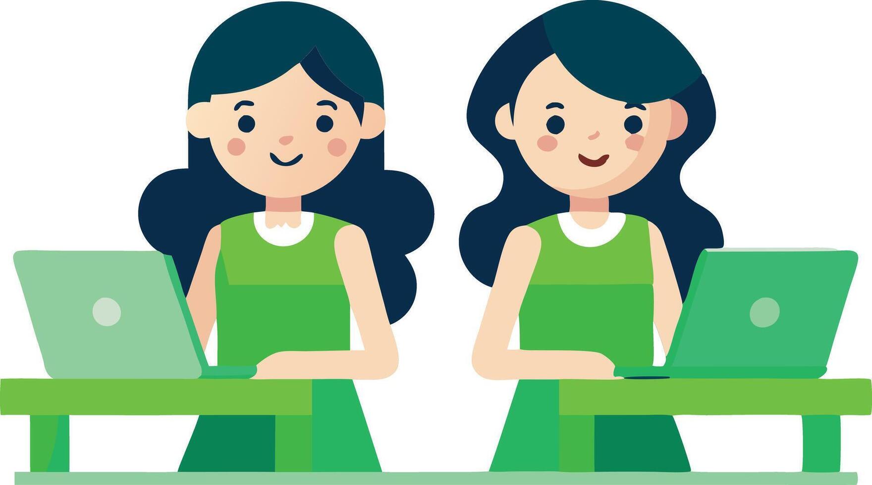 Two women are sitting at a table with laptops in front of them vector