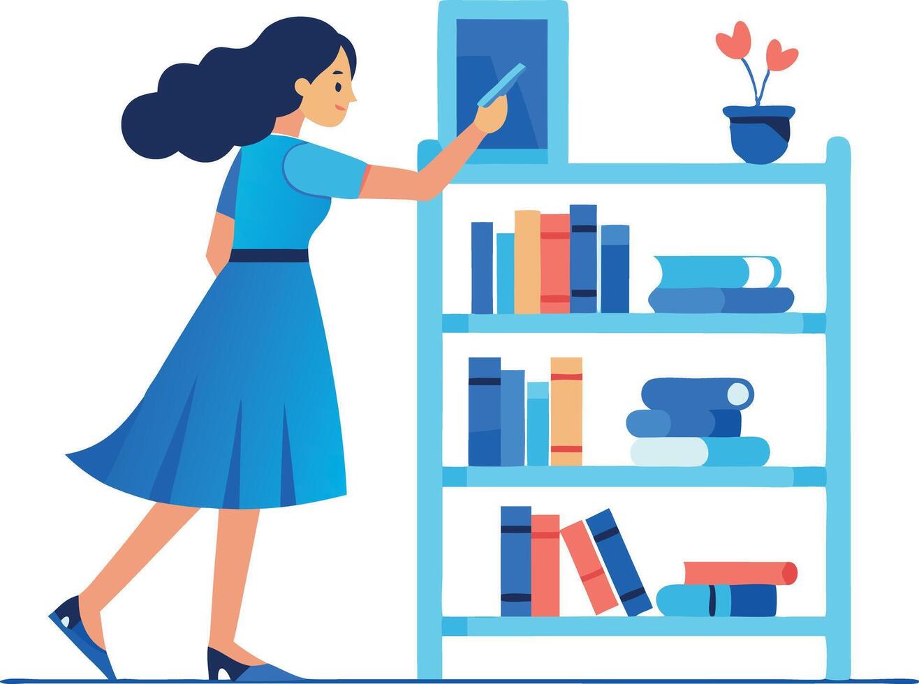 A woman is standing in front of a bookshelf, looking at a book vector