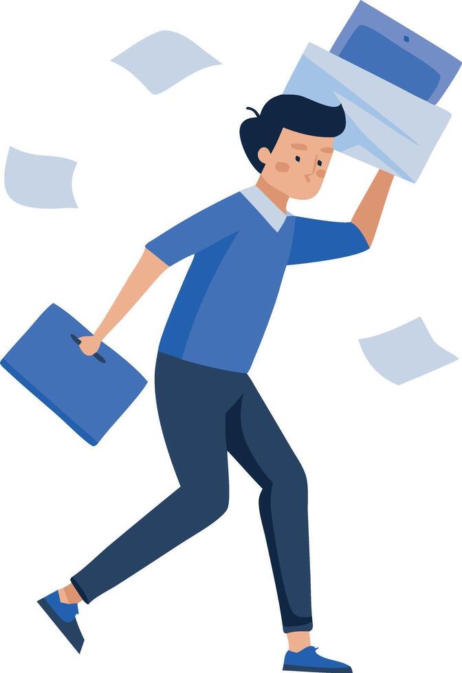 A man in a blue shirt is running with a briefcase and papers in his hands vector