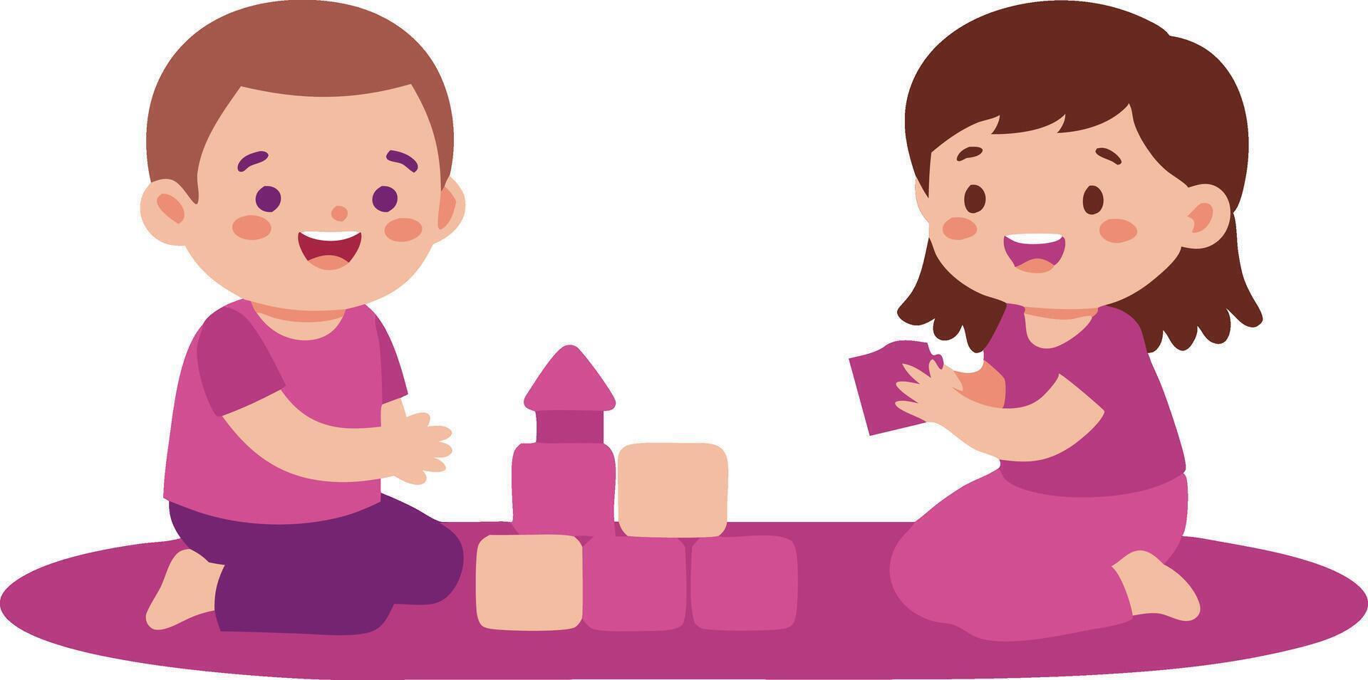 Two children are playing with blocks on a pink rug vector