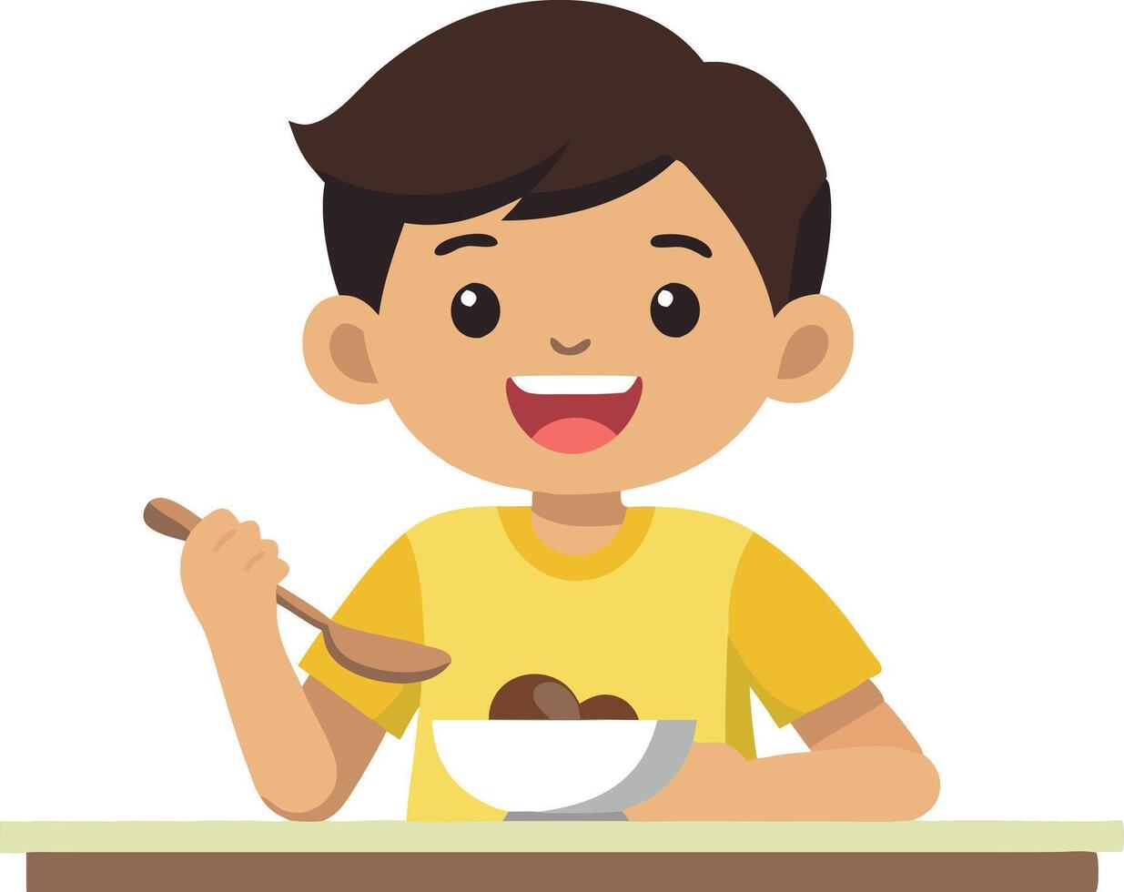 A boy is eating a bowl of cereal with a spoon vector