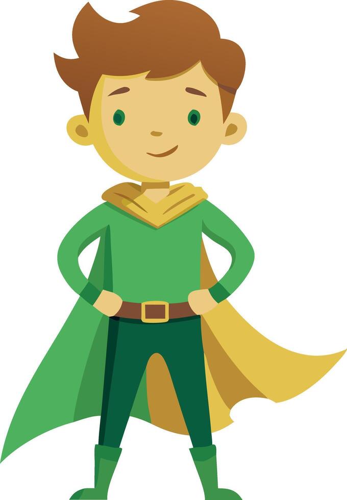 A cartoon boy in a green cape and yellow cape standing with his arms crossed vector