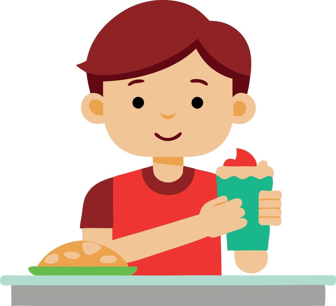 A boy is sitting at a table with a green cup in his hand vector