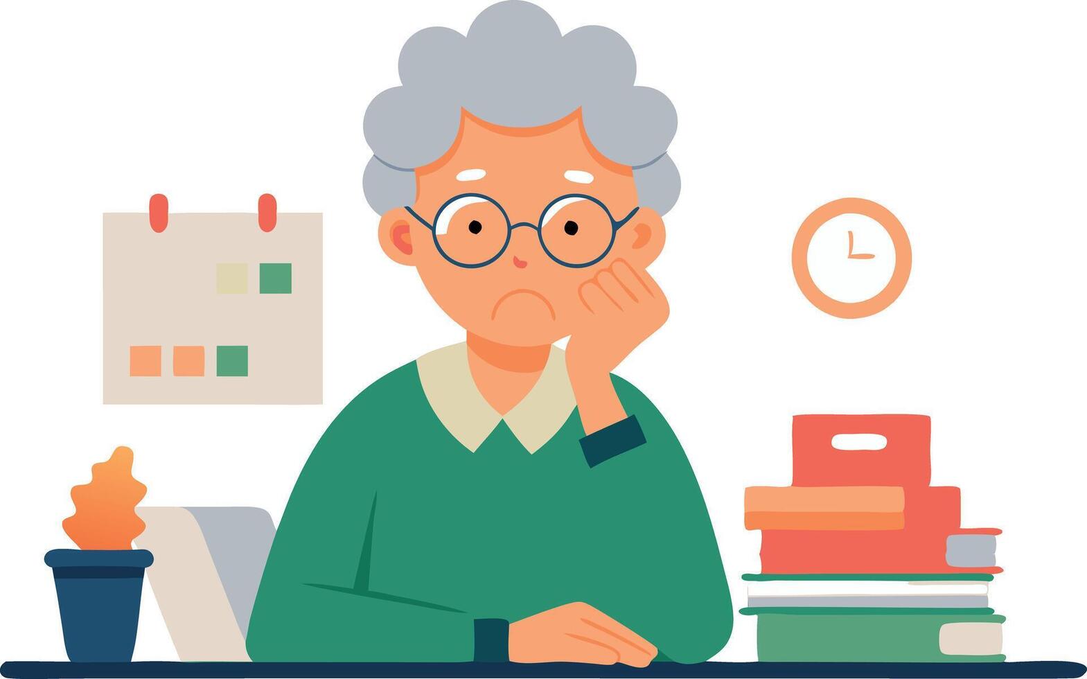 An elderly woman sits at a desk with a pile of books in front of her vector