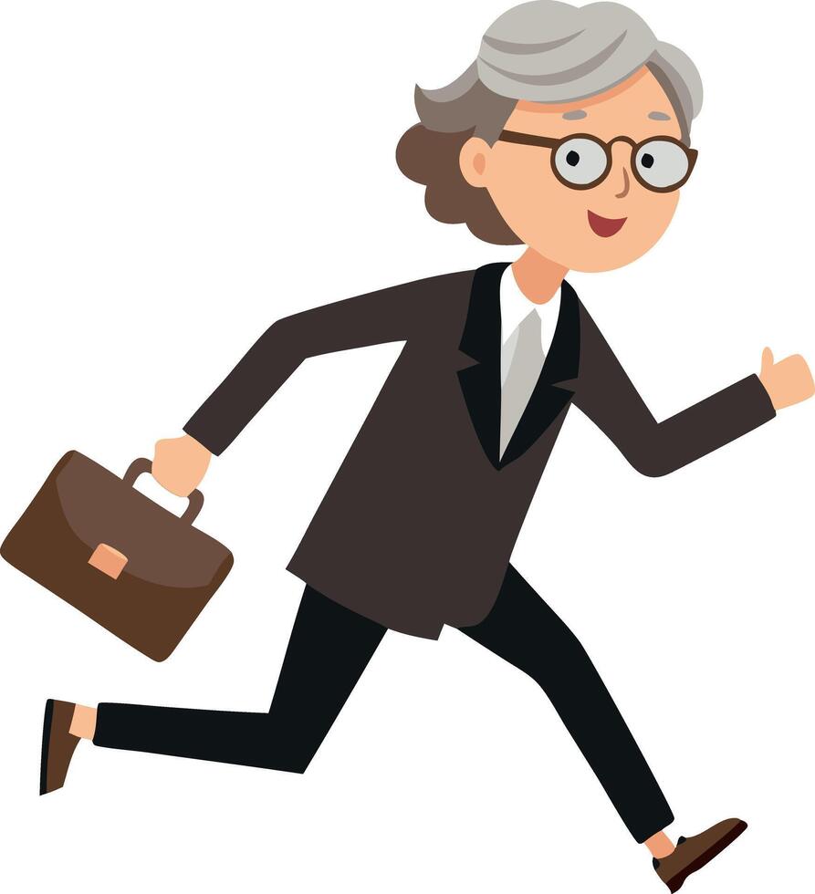 An elderly woman in a suit and glasses is running with a briefcase vector
