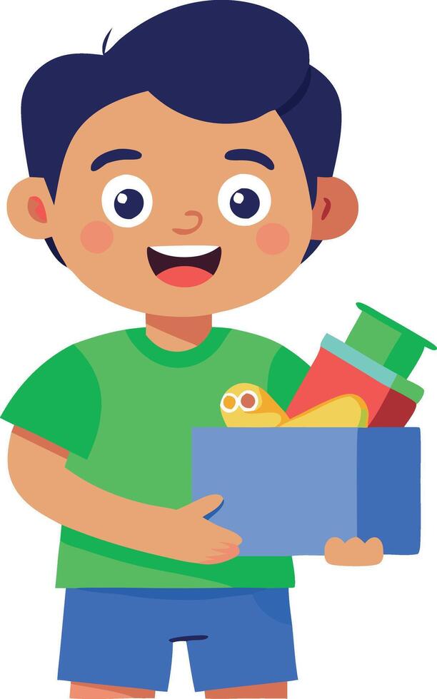 A boy is holding a blue box with food in it vector