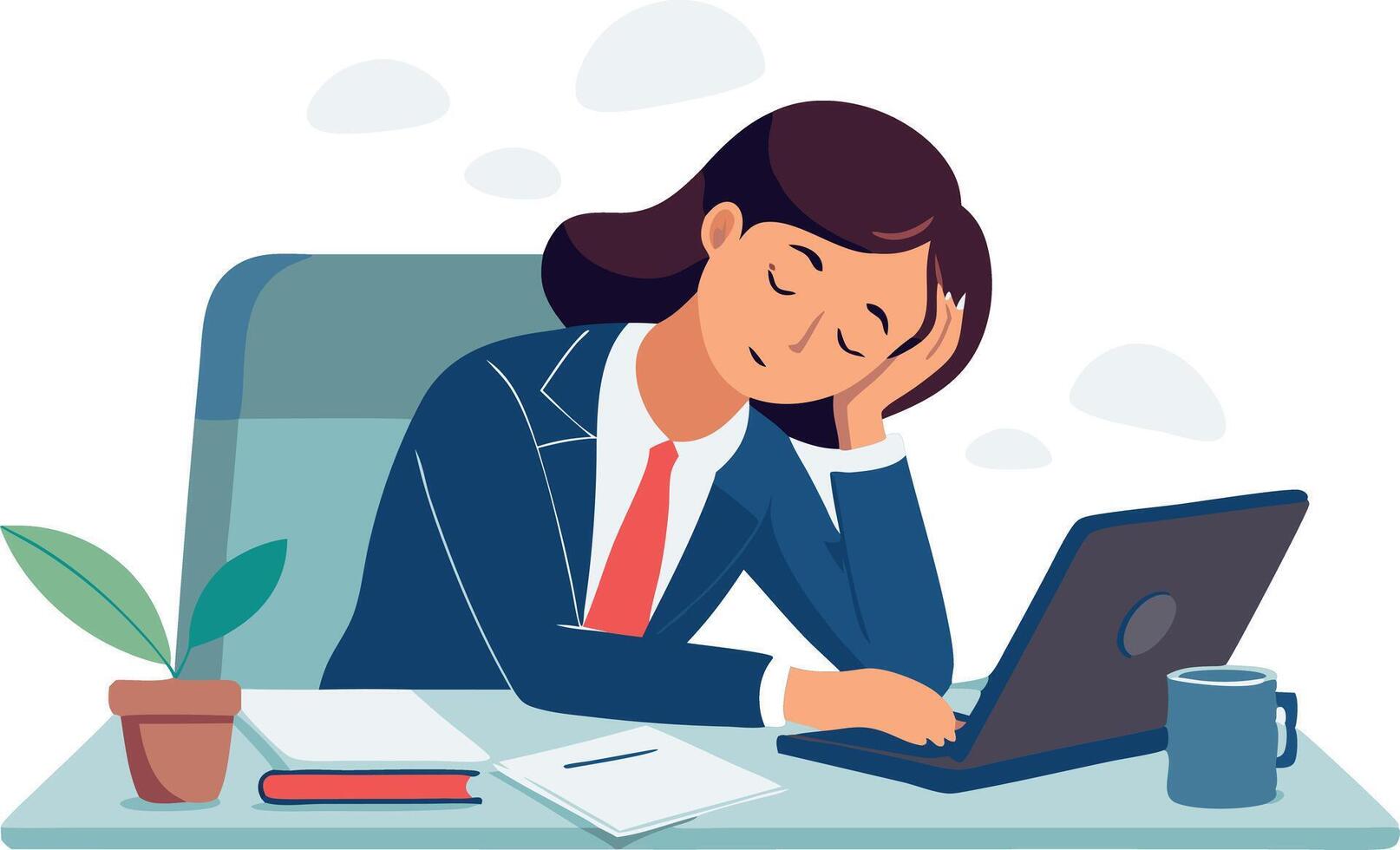 A woman in a suit is working on her laptop while looking tired vector